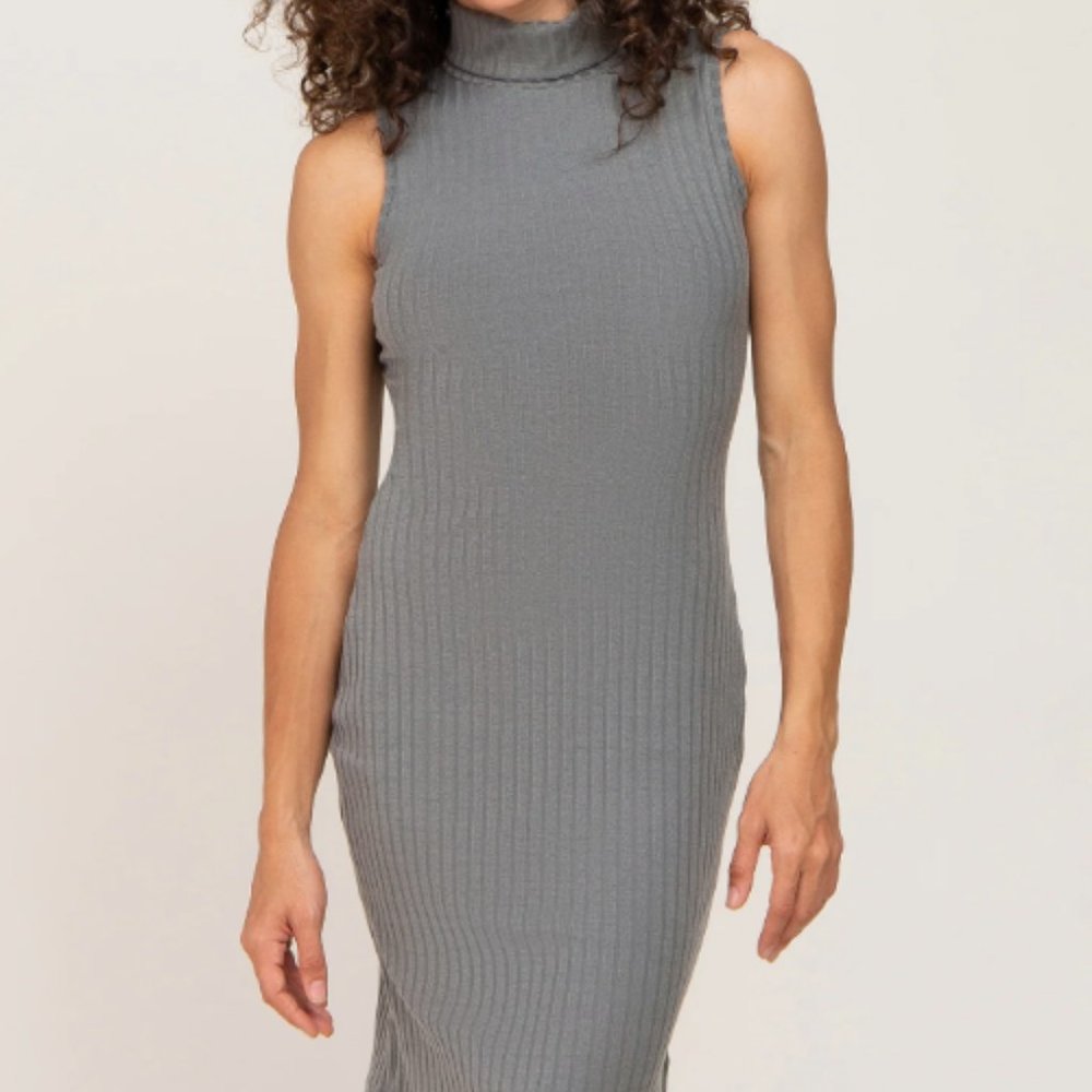 Grey Ribbed Sleeveless Turtleneck Maternity Friendly Dress